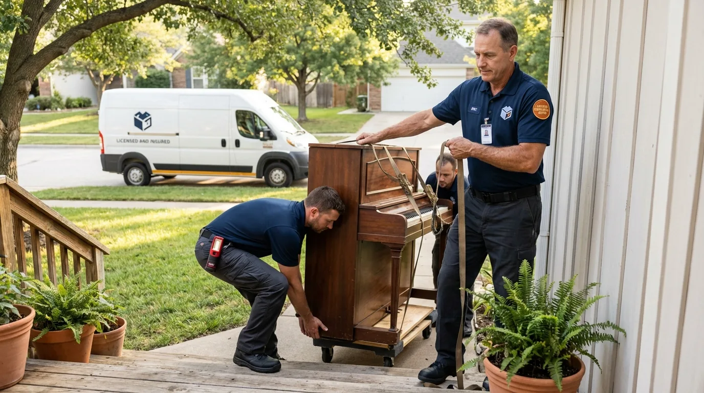 Licensed piano movers securing grand piano in Falls City, NE