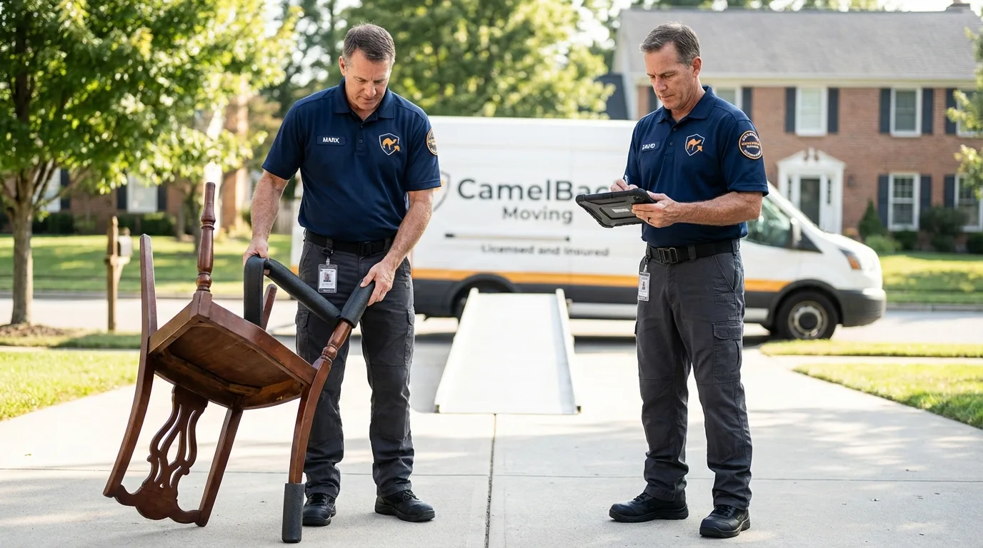 Movers inspecting furniture for damage prevention before loading in Falls City, NE