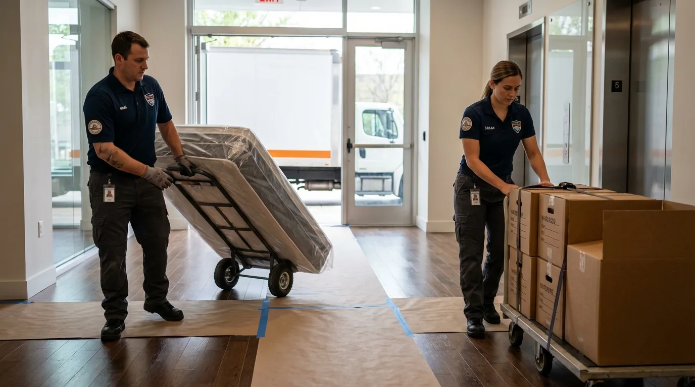 Professional apartment movers loading elevator in Falls City, NE